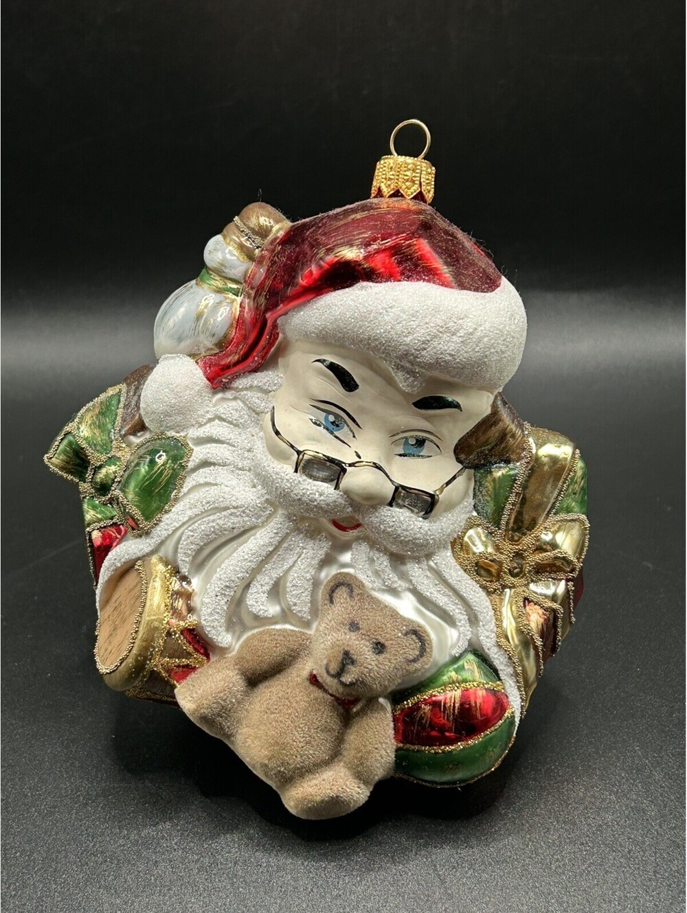 Vintg Dillard's Santa Head  "Fa La La Y'all" Ornament  Poland Flocked Bear 90’s